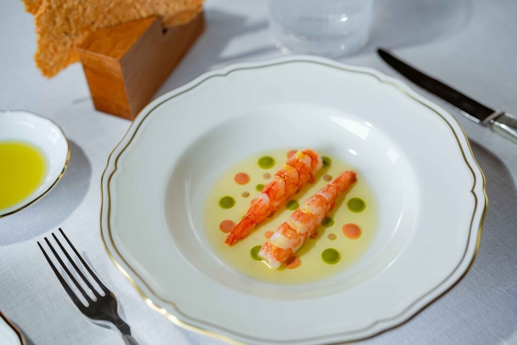 Aka ebi shrimp, pink pepper, parsley and lemon selection of Italian specialties Il Ristorente-Niko Romito
